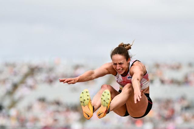 Belgium's Noor Vidts competes in the women's heptathlon long jump during the European Athletics Championships at Alexander Stadium in Birmingham on August 15, 2026. (Photo by Ben STANSALL / AFP)