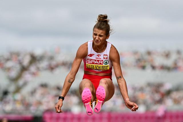 Poland's Adrianna Sulek-Schubert competes in the women's heptathlon long jump during the European Athletics Championships at Alexander Stadium in Birmingham on August 15, 2026. (Photo by Ben STANSALL / AFP)