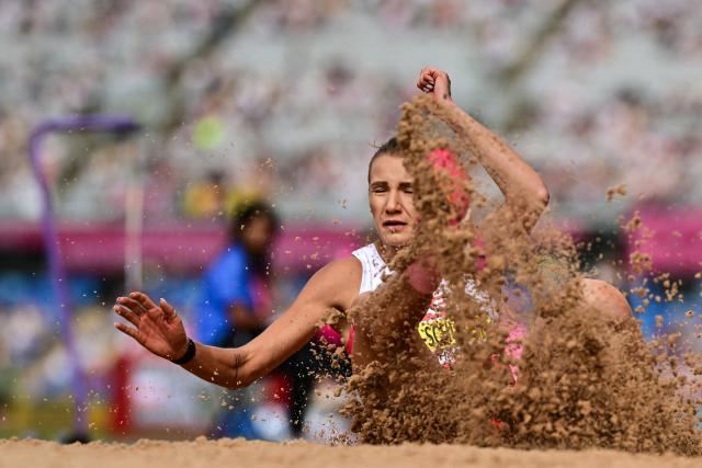 Poland's Adrianna Sulek-Schubert competes in the women's heptathlon long jump during the European Athletics Championships at Alexander Stadium in Birmingham on August 15, 2026. (Photo by Ben STANSALL / AFP)