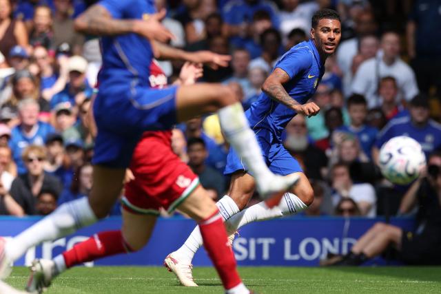 Chelsea's English midfielder #17 Morgan Rogers crosses the ball during the pre-season friendly football match between Chelsea and Real Sociedad at Stamford Bridge in London on August 15, 2026. (Photo by Adrian Dennis / AFP)