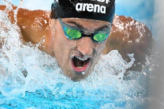 Italy's Alberto Razzetti competes in  the final of the men's 200m butterfly swimming event during the LEN European Aquatics Championships at the Olympic Aquatic Centre in Saint-Denis, northern suburbs of Paris, on August 15, 2026. (Photo by JULIEN DE ROSA / AFP)