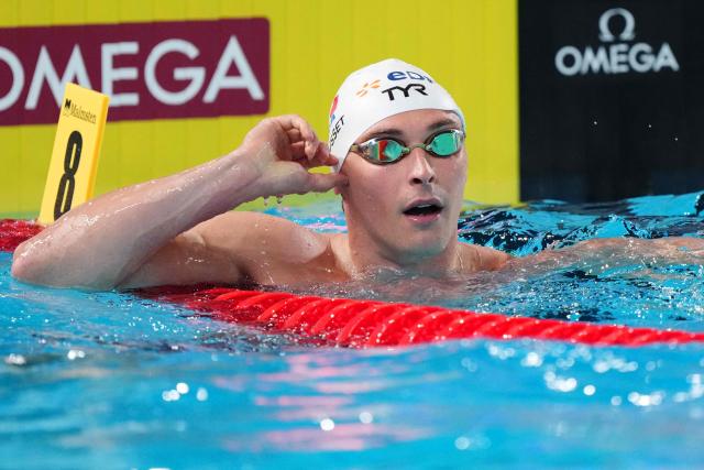 France's Maxime Grousset reacts after a semi-final of the men's 50m freestyle swimming event during the LEN European Aquatics Championships at the Olympic Aquatic Centre in Saint-Denis, northern suburbs of Paris, on August 15, 2026. (Photo by Dimitar DILKOFF / AFP)