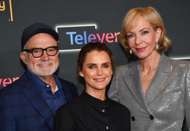 (L/R) Actors Bradley Whitford, Keri Russell and Allison Janney attend the Television Academy's Inaugural Televerse Festival at JW Marriott LA Live in Los Angeles on August 15, 2026. (Photo by Chris Delmas / AFP)