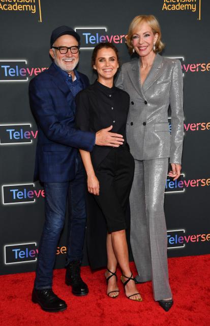(L/R) Actors Bradley Whitford, Keri Russell and Allison Janney attend the Television Academy's Inaugural Televerse Festival at JW Marriott LA Live in Los Angeles on August 15, 2026. (Photo by Chris Delmas / AFP)