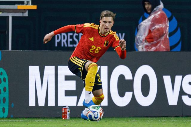 (FILES) Belgium's forward #26 Mika Godts controls the ball during a friendly football match between Mexico and Belgium at Soldier Field in Chicago, Illinois, on March 31, 2026. Paris Saint-Germain officially announced on August 15, 2026 the signing of Belgian left-winger Mika Godts from Ajax Amsterdam on a contract running until 2031. (Photo by KAMIL KRZACZYNSKI / AFP)