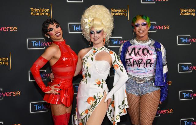 (L-R) Drag performers Juicy Love Dion, Myki Meeks and Mia Starr attend the Television Academy's Inaugural Televerse Festival at JW Marriott LA Live in Los Angeles on August 15, 2026. (Photo by Chris Delmas / AFP)