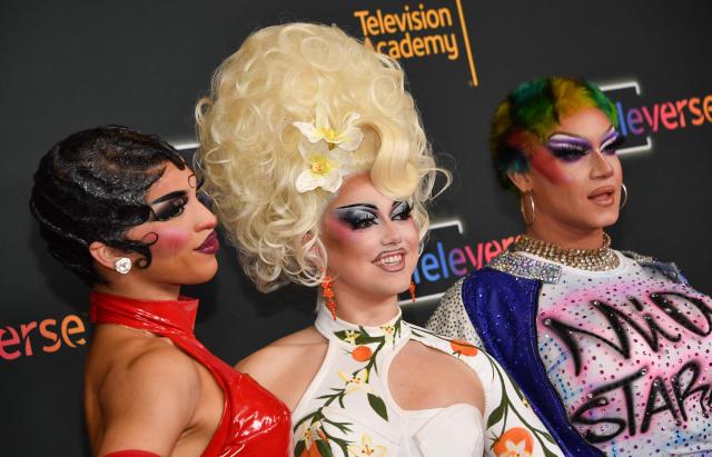 (L-R) Drag performers Juicy Love Dion, Myki Meeks and Mia Starr attend the Television Academy's Inaugural Televerse Festival at JW Marriott LA Live in Los Angeles on August 15, 2026. (Photo by Chris Delmas / AFP)