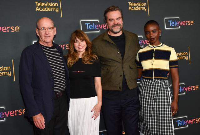 (L-R) Actors Richard Jenkins, Linda Cardellini, David Harbour and Joy Sunday attend the Television Academy's Inaugural Televerse Festival at JW Marriott LA Live in Los Angeles on August 15, 2026. (Photo by Chris Delmas / AFP)