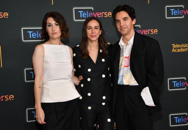 US writers Jen Statsky (L), Lucia Aniello (C) and Paul W. Downs (R) attend the Television Academy's Inaugural Televerse Festival at JW Marriott LA Live in Los Angeles on August 15, 2026. (Photo by Chris Delmas / AFP)