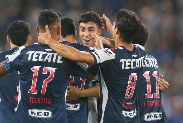 Monterrey's Argentine midfielder #30 Jorge Rodriguez (C) celebrates his team's sixth goal with teammates during the Liga MX Apertura tournament football match between Monterrey and Juarez at BBVA stadium in Guadalupe, Nuevo Leon, Mexico on August 15, 2026. (Photo by Julio Cesar AGUILAR / AFP)