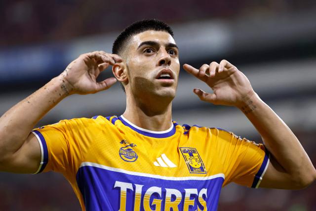 Tigres' Argentine midfielder #11 Juan Brunetta celebrates after scoring the equalising goal during the Liga MX Apertura tournament football match between Atlas and Tigres at Jalisco stadium in Guadalajara, state of Jalisco, Mexico on August 15, 2026. (Photo by ULISES RUIZ / AFP)