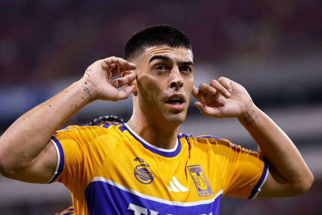 Tigres' Argentine midfielder #11 Juan Brunetta celebrates after scoring the equalising goal during the Liga MX Apertura tournament football match between Atlas and Tigres at Jalisco stadium in Guadalajara, state of Jalisco, Mexico on August 15, 2026. (Photo by ULISES RUIZ / AFP)