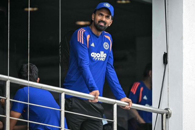 India's KL Rahul waits inside the dressing room as rain delays the start of play on second day of the first Test cricket match between Sri Lanka and India at the Galle International Stadium in Galle on August 16, 2026. (Photo by Ishara S. KODIKARA / AFP)