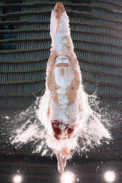 France's swimmer Leon Marchand competes during a heat for the men's 400m freestyle swimming event during the LEN European Aquatics Championships at the Olympic Aquatic Centre in Saint-Denis, northern suburbs of Paris, on August 16, 2026. (Photo by Sébastien BOZON / AFP)