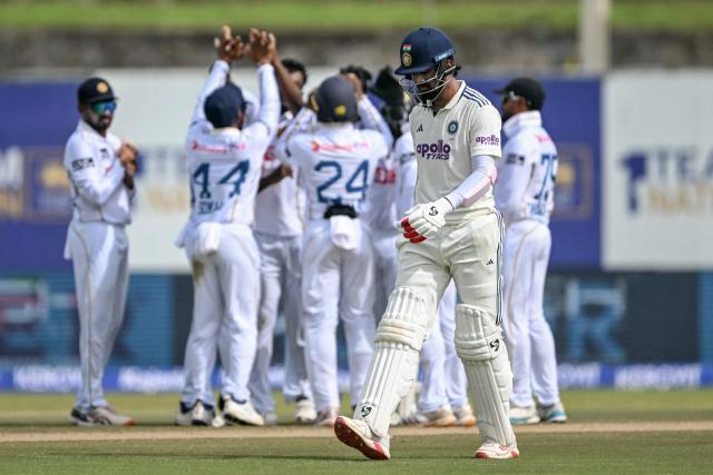 India's KL Rahul walks back to the pavilion after his dismissal during the second day of the first Test cricket match between Sri Lanka and India at the Galle International Stadium in Galle on August 16, 2026. (Photo by Ishara S. KODIKARA / AFP)
