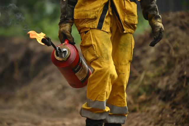 A firefighter sets a tactical fire in a forest near a farm to prevent a wildfire from spreading near Luglon, south-western France, on August 16, 2026. (Photo by Gaizka IROZ / AFP)