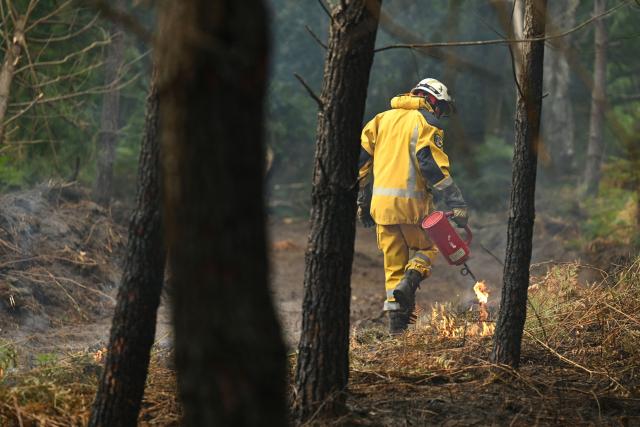 A firefighter sets a tactical fire in a forest near a farm to prevent a wildfire from spreading near Luglon, south-western France, on August 16, 2026. (Photo by Gaizka IROZ / AFP)