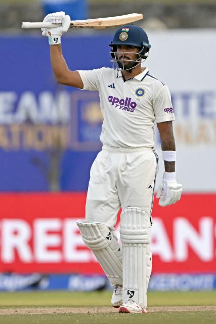 India's Dhruv Jurel celebrates after scoring a half-century (50 runs) during the second day of the first Test cricket match between Sri Lanka and India at the Galle International Stadium in Galle on August 16, 2026. (Photo by Ishara S. KODIKARA / AFP)