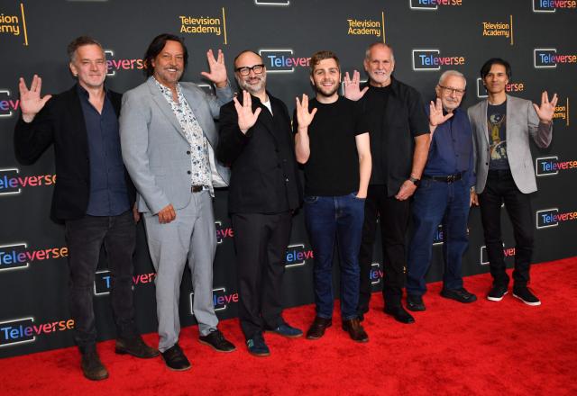(L/R) Star Trek panelists Andrew Coutts, Chris Fisher, Henry Alonso Myers, Martin Quinn, J. Alan Scott, Dan Curry and Benji Bakshi attend the Television Academy's Inaugural Televerse Festival at JW Marriott LA Live in Los Angeles on August 16, 2026. (Photo by Chris Delmas / AFP)