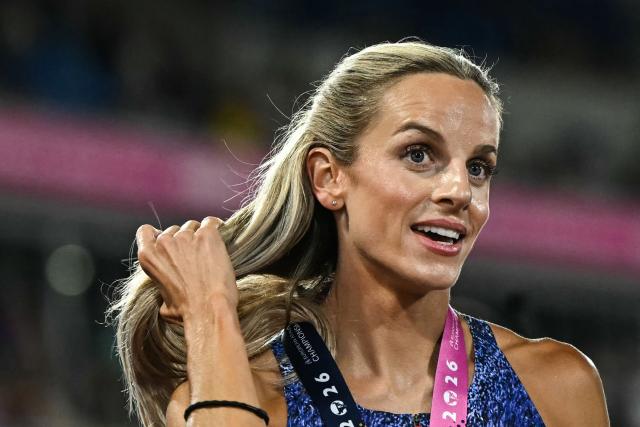 Gold medallist Britain's Georgia Hunter Bell celebrates after winning the women's 1500m final during the European Athletics Championships at Alexander Stadium in Birmingham on August 16, 2026. (Photo by Paul ELLIS / AFP)