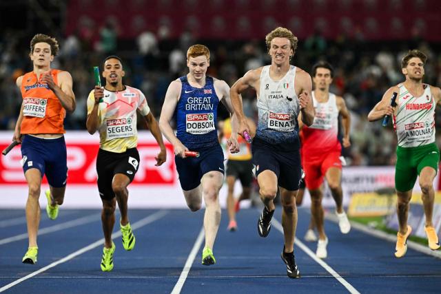 (From L) Netherlands' Jonas Phijffers, Belgium's Daniel Segers, Britain's Charles Dobson, and Italy's Lorenzo Benati compete men's 4 x 400m relay final during the European Athletics Championships at Alexander Stadium in Birmingham on August 16, 2026. (Photo by Paul ELLIS / AFP)