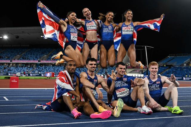 Silver medallists (back row from L) Britain's Yemi Mary John, Great Britain Lina Nielsen, Britain's Nicole Yeargin and Britain's Emily Newnham (front row from L) Britain's Matthew Hudson-Smith, Britain's Ben Jefferies, Britain's Toby Harries and Britain's Charles Dobson celebrate after competing in the women's 4 x 400m relay final during the European Athletics Championships at Alexander Stadium in Birmingham on August 16, 2026. (Photo by Paul ELLIS / AFP)