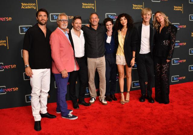 (L/R) Actors Josh Bowman, Henry Czerny, Nick Wechsler, Revenge show creator Mike Kelley, actors Ashley Madekwe, Gabriel Mann and Emily VanCamp attend the Television Academy's Inaugural Televerse Festival at JW Marriott LA Live in Los Angeles on August 16, 2026. (Photo by Chris Delmas / AFP)