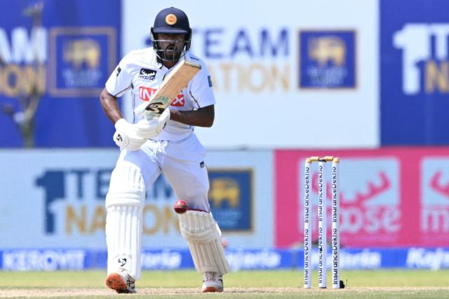 Sri Lanka's Kamindu Mendis plays a shot during the third day of the first Test cricket match between Sri Lanka and India at the Galle International Stadium in Galle on August 17, 2026. (Photo by Ishara S. KODIKARA / AFP)