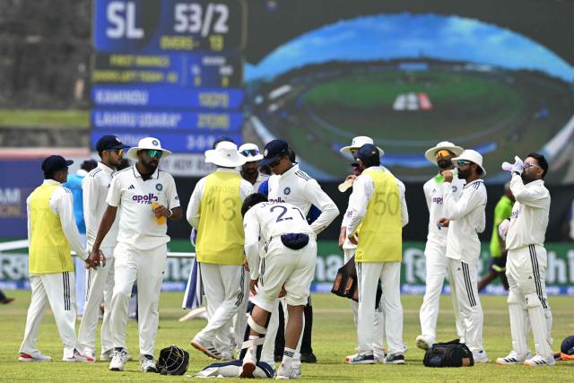 India's players take a water break during the third day of the first Test cricket match between Sri Lanka and India at the Galle International Stadium in Galle on August 17, 2026. (Photo by Ishara S. KODIKARA / AFP)