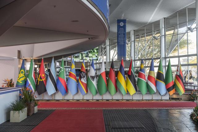 A general view of flags of the Southern African Development Community (SADC) member states at the Durban International Convention Centre (ICC) ahead of the 46th Southern African Development Community (SADC) Summit, in Durban on August 17, 2026. (Photo by RAJESH JANTILAL / AFP)