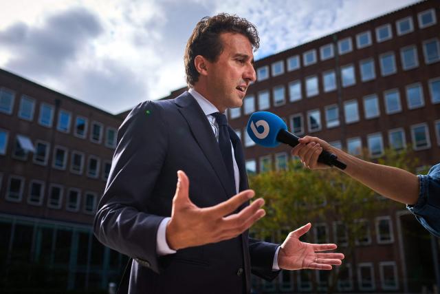 Dutch Progressief Nederland (PRO) party leader and MP Jesse Klaver speaks to the press upon arrival for a meeting with the Dutch government as part of budget talks in The Hague on August 17, 2026. (Photo by Phil Nijhuis / ANP / AFP) / Netherlands OUT