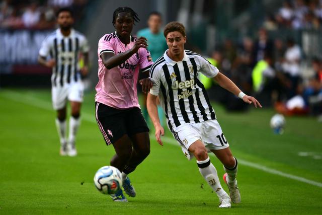 Juventus' Turkish forward #10 Kenan Yildiz (R) fights for the ball with Next Gen's Italian midfielder #08 Augusto Owusu during the friendly football match between Juventus and Juventus Next Gen at the Allianz Stadium in Turin, on August 17, 2026. (Photo by Marco Bertorello / AFP)