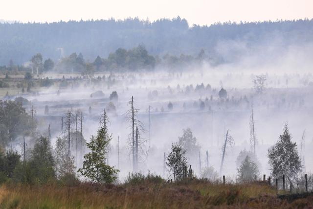 This photograph shows smoke emanating from burnt soil and vegetation during a wildfire at the Hautes Fagnes (High Fens) nature reserve near Baelen, south east of Brussels, on August 17, 2026. Rain started falling in Belgium on August 17, 2026 to help its fight against the country's biggest modern-day wildfire that has devastated some 3,000 hectares (7,500 acres) of the High Fens park on the border with Germany. Some 500 firefighters and troops are battling the blaze that has sent a huge cloud of black smoke across the region into neighbouring Germany and France. Scientists have long warned that climate change caused by human use of fossil fuels will make periods of drought more intense and longer-lasting, creating the ideal conditions for wildfires. (Photo by JOHN THYS / AFP)