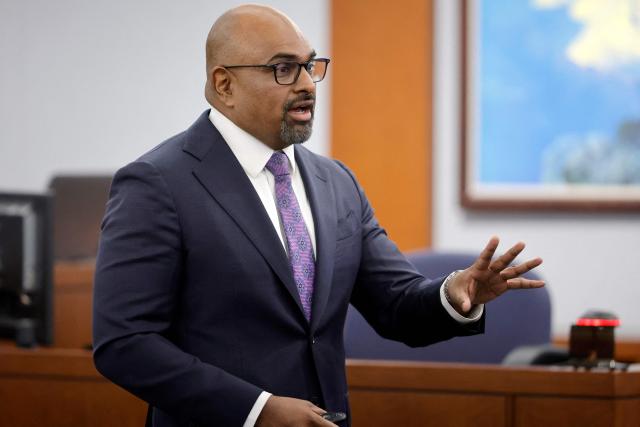 Chief Deputy District Attorney Binu Palal gives opening statements during the murder trial of Duane Davis, related to the 1996 killing of rapper Tupac Shakur, at Clark County District Court in the Regional Justice Center in Las Vegas, Nevada, on August 17, 2026. The trial of the former gang leader accused of orchestrating the murder of rapper Tupac Shakur began on August 10, 30 years after one of America's most high-profile unresolved killings. The proceedings, expected to last a month, will likely not make clear who fired the shots that killed the California hip-hop legend on the night of September 7, 1996, while he was in Las Vegas to see a Mike Tyson boxing match. (Photo by STEVE MARCUS / POOL / AFP)