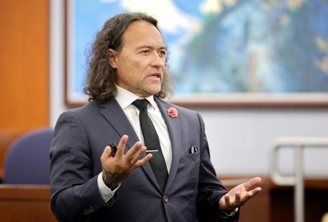 Michael Sanft, attorney for Duane Davis, delivers opening statements in Davis's murder trial, related to the 1996 killing of rapper Tupac Shakur, at Clark County District Court in the Regional Justice Center in Las Vegas, Nevada, on August 17, 2026. The trial of the former gang leader accused of orchestrating the murder of rapper Tupac Shakur began on August 10, 30 years after one of America's most high-profile unresolved killings. The proceedings, expected to last a month, will likely not make clear who fired the shots that killed the California hip-hop legend on the night of September 7, 1996, while he was in Las Vegas to see a Mike Tyson boxing match. (Photo by STEVE MARCUS / POOL / AFP)