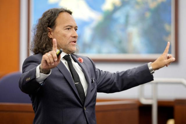 Michael Sanft, attorney for Duane Davis, delivers opening statements in Davis's murder trial, related to the 1996 killing of rapper Tupac Shakur, at Clark County District Court in the Regional Justice Center in Las Vegas, Nevada, on August 17, 2026. The trial of the former gang leader accused of orchestrating the murder of rapper Tupac Shakur began on August 10, 30 years after one of America's most high-profile unresolved killings. The proceedings, expected to last a month, will likely not make clear who fired the shots that killed the California hip-hop legend on the night of September 7, 1996, while he was in Las Vegas to see a Mike Tyson boxing match. (Photo by STEVE MARCUS / POOL / AFP)