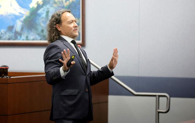 Michael Sanft, attorney for Duane Davis, delivers opening statements in Davis's murder trial, related to the 1996 killing of rapper Tupac Shakur, at Clark County District Court in the Regional Justice Center in Las Vegas, Nevada, on August 17, 2026. The trial of the former gang leader accused of orchestrating the murder of rapper Tupac Shakur began on August 10, 30 years after one of America's most high-profile unresolved killings. The proceedings, expected to last a month, will likely not make clear who fired the shots that killed the California hip-hop legend on the night of September 7, 1996, while he was in Las Vegas to see a Mike Tyson boxing match. (Photo by STEVE MARCUS / POOL / AFP)