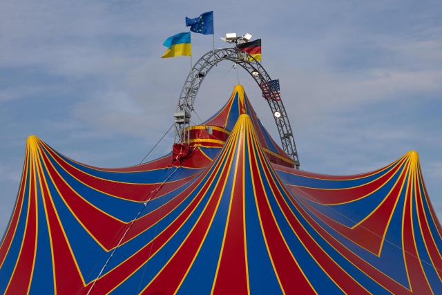 This photograph shows the Crone Circus Big Top set up in the parking lot of a Carrefour Market in Pont-Audemer, on August 17, 2026. Traveling circus' have been marked by some recurring tensions regarding unauthorized installations on public or private land. (Photo by JOEL SAGET / AFP)