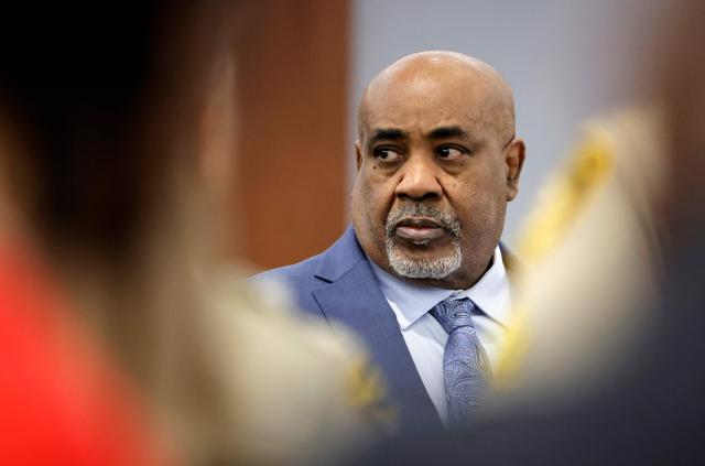 Duane Davis looks on during opening statements in his murder trial, related to the 1996 killing of rapper Tupac Shakur, at Clark County District Court at the Regional Justice Center in Las Vegas, Nevada, on August 17, 2026. The trial of the former gang leader accused of orchestrating the murder of rapper Tupac Shakur began on August 10, 30 years after one of America's most high-profile unresolved killings. The proceedings, expected to last a month, will likely not make clear who fired the shots that killed the California hip-hop legend on the night of September 7, 1996, while he was in Las Vegas to see a Mike Tyson boxing match. (Photo by STEVE MARCUS / POOL / AFP)