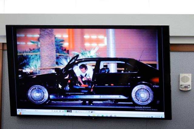 A 1996 photo of the car that rapper Tupac Shukur was riding in when he was shot is displayed during the Duane Davis murder trial, related to the 1996 killing of the rapper, at Clark County District Court at the Regional Justice Center in Las Vegas, Nevada, on August 17, 2026. The trial of the former gang leader accused of orchestrating the murder of rapper Tupac Shakur began on August 10, 30 years after one of America's most high-profile unresolved killings. The proceedings, expected to last a month, will likely not make clear who fired the shots that killed the California hip-hop legend on the night of September 7, 1996, while he was in Las Vegas to see a Mike Tyson boxing match. (Photo by STEVE MARCUS / POOL / AFP)