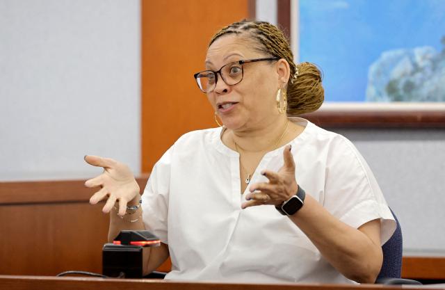 Witness Ingrid Stokes testifies during the Duane Davis murder trial, related to the 1996 killing of rapper Tupac Shakur, at Clark County District Court at the Regional Justice Center in Las Vegas, Nevada, on August 17, 2026. The trial of the former gang leader accused of orchestrating the murder of rapper Tupac Shakur began on August 10, 30 years after one of America's most high-profile unresolved killings. The proceedings, expected to last a month, will likely not make clear who fired the shots that killed the California hip-hop legend on the night of September 7, 1996, while he was in Las Vegas to see a Mike Tyson boxing match. (Photo by STEVE MARCUS / POOL / AFP)