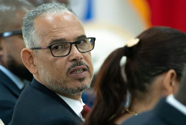 Haiti's Prime Minister Alix Didier Fils-Aime looks on as he hosts a meeting with a delegation of the Organization of American States (OAS), the Caribbean Community (CARICOM) and the CAF-Development Bank of Latin America and the Caribbean at the National Palace in Port-au-Prince, Haiti, on August 17, 2026. (Photo by Clarens SIFFROY / AFP)