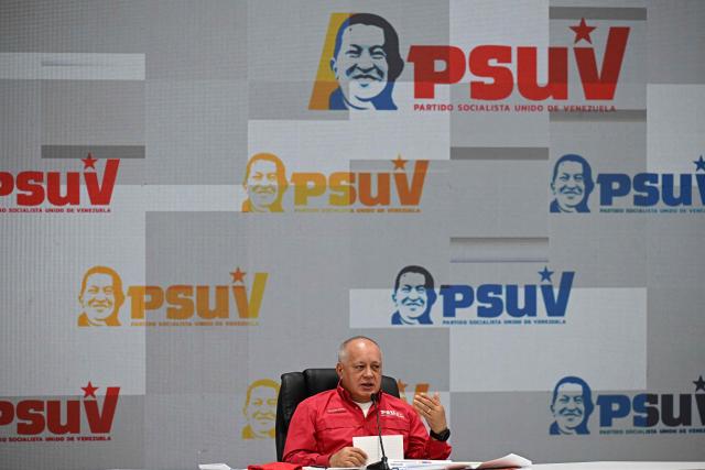 Venezuela's Minister of the Popular Power for Interior, Justice and Peace, Diosdado Cabello, speaks during a press conference of the United Socialist Party of Venezuela (PSUV) in Caracas on August 17, 2026. (Photo by Federico PARRA / AFP)
