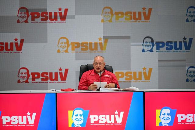 Venezuela's Minister of the Popular Power for Interior, Justice and Peace, Diosdado Cabello, speaks during a press conference of the United Socialist Party of Venezuela (PSUV) in Caracas on August 17, 2026. (Photo by Federico PARRA / AFP)