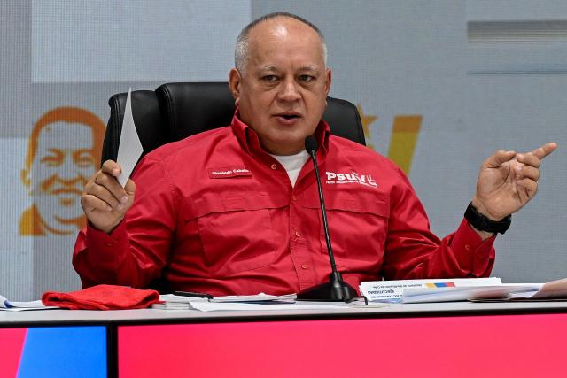 Venezuela's Minister of the Popular Power for Interior, Justice and Peace, Diosdado Cabello, speaks during a press conference of the United Socialist Party of Venezuela (PSUV) in Caracas on August 17, 2026. (Photo by Federico PARRA / AFP)