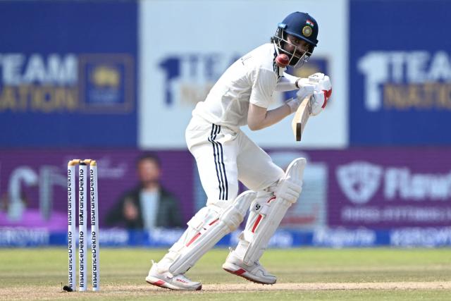 India's KL Rahul plays a shot during the fourth day of the first Test cricket match between Sri Lanka and India at the Galle International Stadium in Galle on August 18, 2026. (Photo by Ishara S. KODIKARA / AFP)