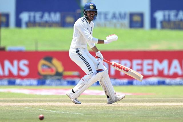 India's captain Shubman Gill watches the ball after playing a shot during the fourth day of the first Test cricket match between Sri Lanka and India at the Galle International Stadium in Galle on August 18, 2026. (Photo by Ishara S. KODIKARA / AFP)