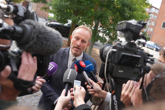 Political leader of The Social Liberal Party Martin Lidegaard talks with journalists as he arrives at the court in Frederiksberg, Denmark, on August 18, 2026 for a civil case with the leader of another political party. The chariman of The Danish People's Party Morten Messerschmidt is suing the political leader of The Social Liberal Party Martin Lidegaard after a statement from Lidegaard that The Danish People Party's policy advocated for internment camps based on skin color. (Photo by Liselotte Sabroe / Ritzau Scanpix / AFP) / Denmark OUT