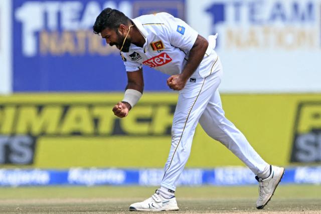 Sri Lanka's Lahiru Kumara celebrates after taking the wicket of India's Rishabh Pant during the fourth day of the first Test cricket match between Sri Lanka and India at the Galle International Stadium in Galle on August 18, 2026. (Photo by Ishara S. KODIKARA / AFP)