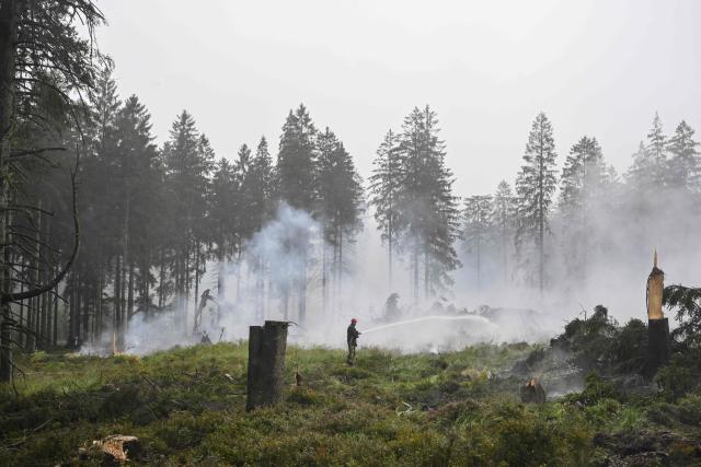 A firefighter sprays water from a hose during operations against a wildfire at the Hautes Fagnes (High Fens) nature reserve near Baelen, on August 18, 2026. Rain started falling in Belgium on August 17, 2026 to help its fight against the country's biggest modern-day wildfire that has devastated some 3,000 hectares (7,500 acres) of the High Fens park on the border with Germany. Some 500 firefighters and troops are battling the blaze that has sent a huge cloud of black smoke across the region into neighbouring Germany and France. Scientists have long warned that climate change caused by human use of fossil fuels will make periods of drought more intense and longer-lasting, creating the ideal conditions for wildfires. (Photo by JOHN THYS / AFP)
